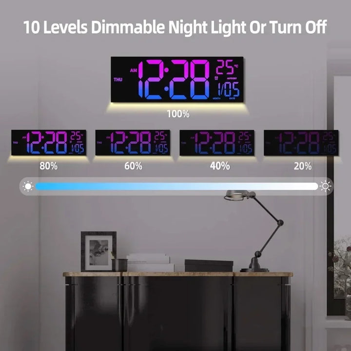 Large Digital Wall Clock with Remote Control, RGB Mood Lighting, Dual Alarm and Countdown Timer for Home or Office
