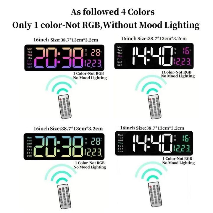 Large Digital Wall Clock with Remote Control, RGB Mood Lighting, Dual Alarm and Countdown Timer for Home or Office