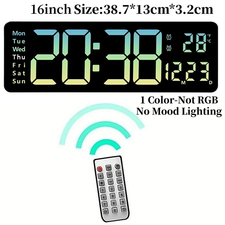 Large Digital Wall Clock with Remote Control, RGB Mood Lighting, Dual Alarm and Countdown Timer for Home or Office