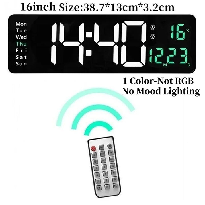 Large Digital Wall Clock with Remote Control, RGB Mood Lighting, Dual Alarm and Countdown Timer for Home or Office