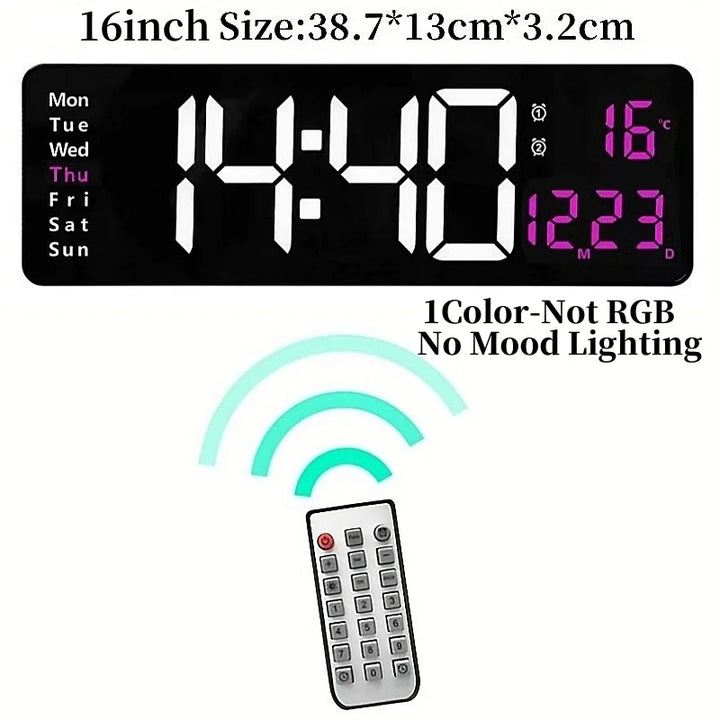 Large Digital Wall Clock with Remote Control, RGB Mood Lighting, Dual Alarm and Countdown Timer for Home or Office