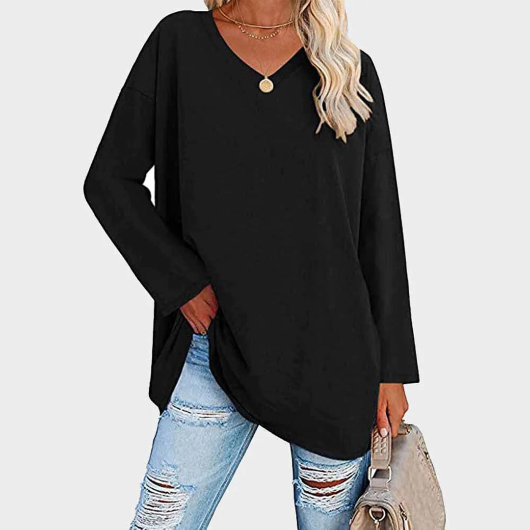 Lightweight &amp; oversized women’s blouse – long sleeve v-neck, polyester, for summer