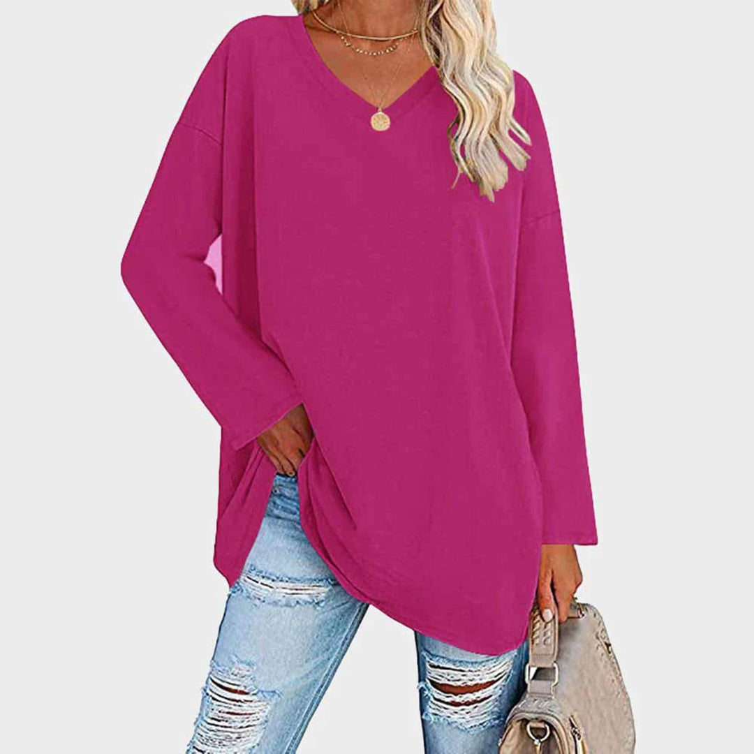 Lightweight &amp; oversized women’s blouse – long sleeve v-neck, polyester, for summer