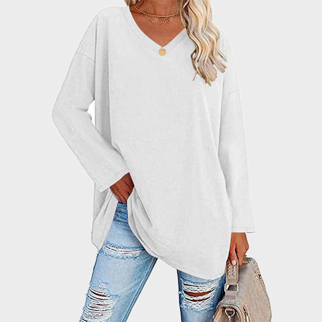 Lightweight &amp; oversized women’s blouse – long sleeve v-neck, polyester, for summer