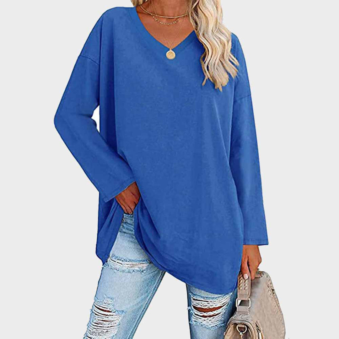 Lightweight &amp; oversized women’s blouse – long sleeve v-neck, polyester, for summer