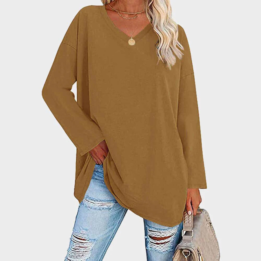 Lightweight &amp; oversized women’s blouse – long sleeve v-neck, polyester, for summer