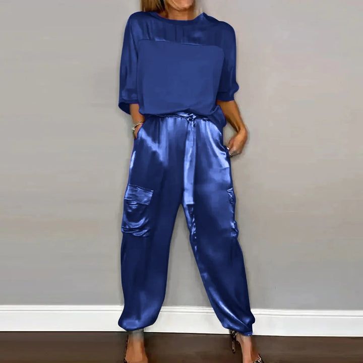 Lightweight &amp; Flattering women’s two-piece set – half-sleeve blouse, breathable satin, for casual and evening wear