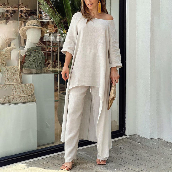 Lightweight &amp; Flattering women’s two-piece set – airy blouse and Pants, linen and cotton, for summer outings