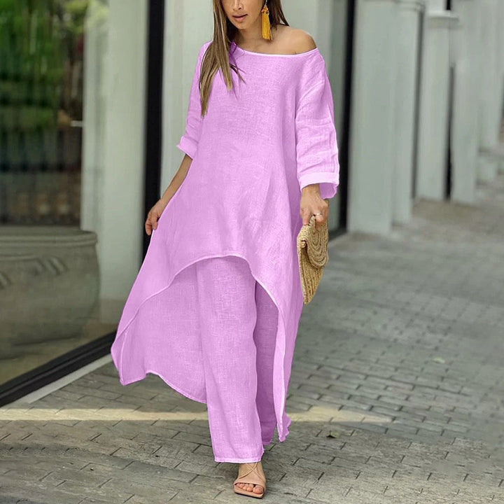 Lightweight &amp; Flattering women’s two-piece set – airy blouse and Pants, linen and cotton, for summer outings
