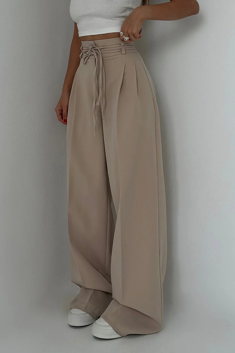 High-Waisted Wide Leg Pants with Adjustable Belt in Beige, Soft Flowy Fabric, Loose Fit Palazzo Pants