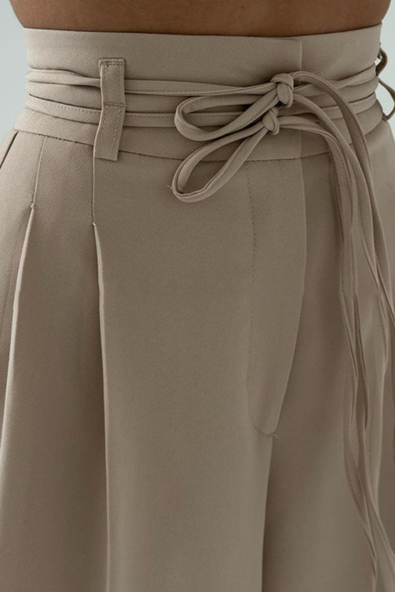 High-Waisted Wide Leg Pants with Adjustable Belt in Beige, Soft Flowy Fabric, Loose Fit Palazzo Pants