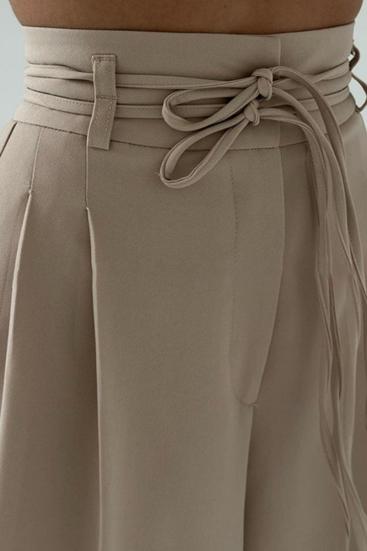 High-Waisted Wide Leg Pants with Adjustable Belt in Beige, Soft Flowy Fabric, Loose Fit Palazzo Pants