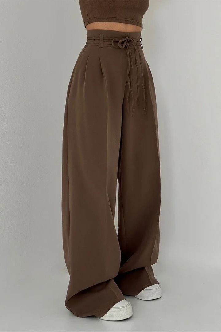 High-Waisted Wide Leg Pants with Adjustable Belt in Beige, Soft Flowy Fabric, Loose Fit Palazzo Pants