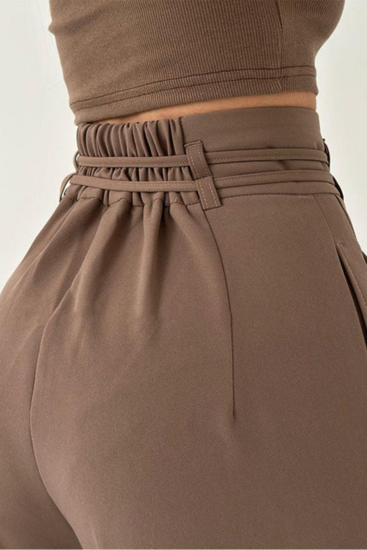 High-Waisted Wide Leg Pants with Adjustable Belt in Beige, Soft Flowy Fabric, Loose Fit Palazzo Pants