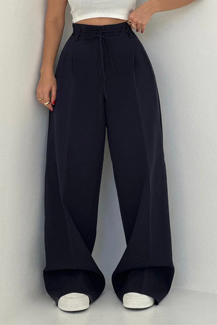 High-Waisted Wide Leg Pants with Adjustable Belt in Beige, Soft Flowy Fabric, Loose Fit Palazzo Pants