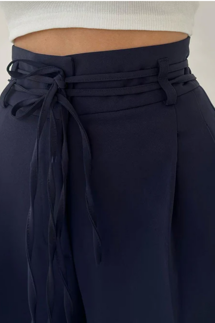 High-Waisted Wide Leg Pants with Adjustable Belt in Beige, Soft Flowy Fabric, Loose Fit Palazzo Pants