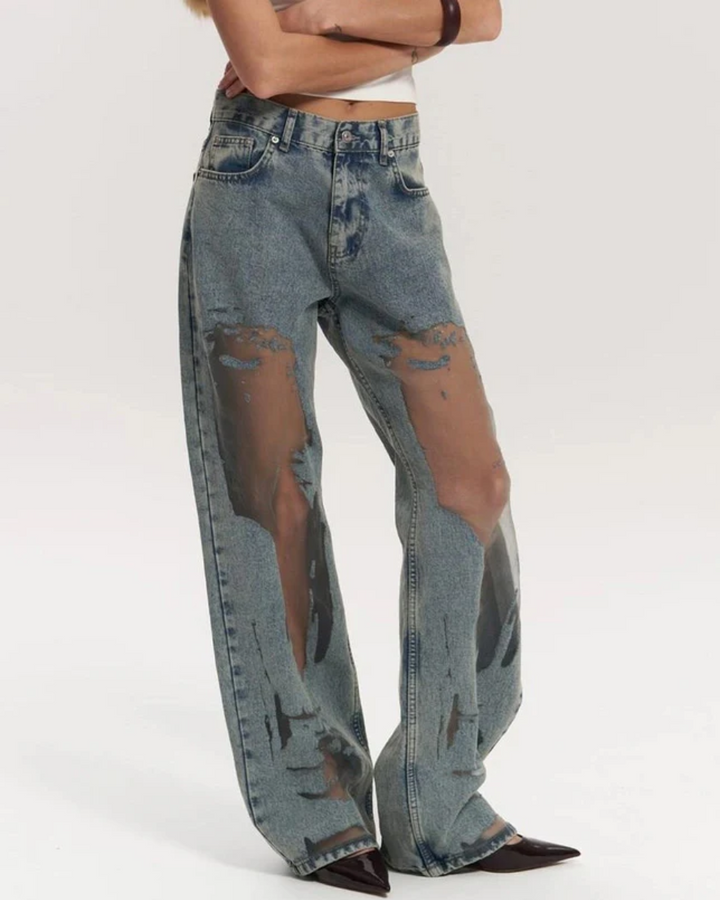 High-Waisted Wide Leg Jeans for Women with Unique Mesh Patchwork Design, Vintage Wash Denim