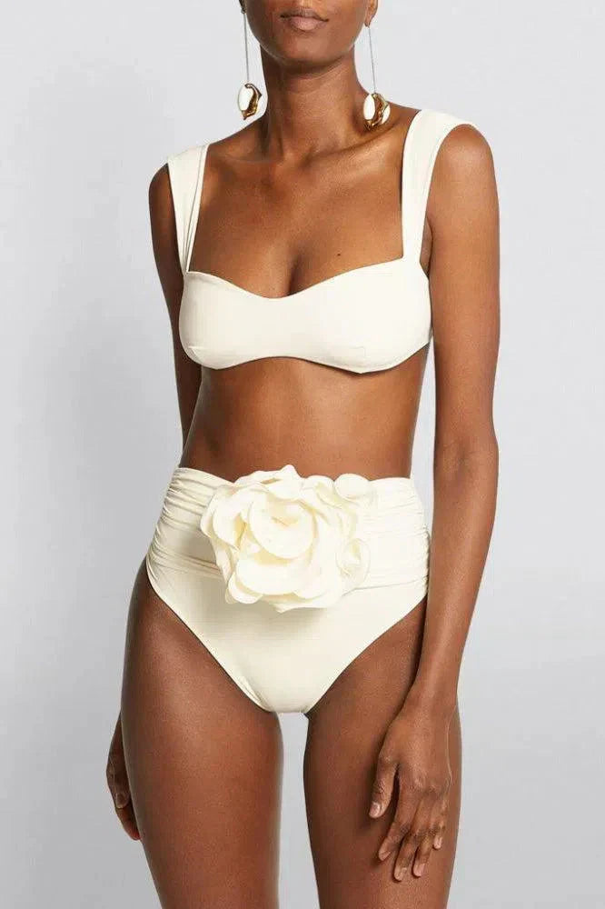 Bikini Set with Floral Embellishment, High Waisted Swimsuit, Ruched High Waist Bikini Bottom for Women