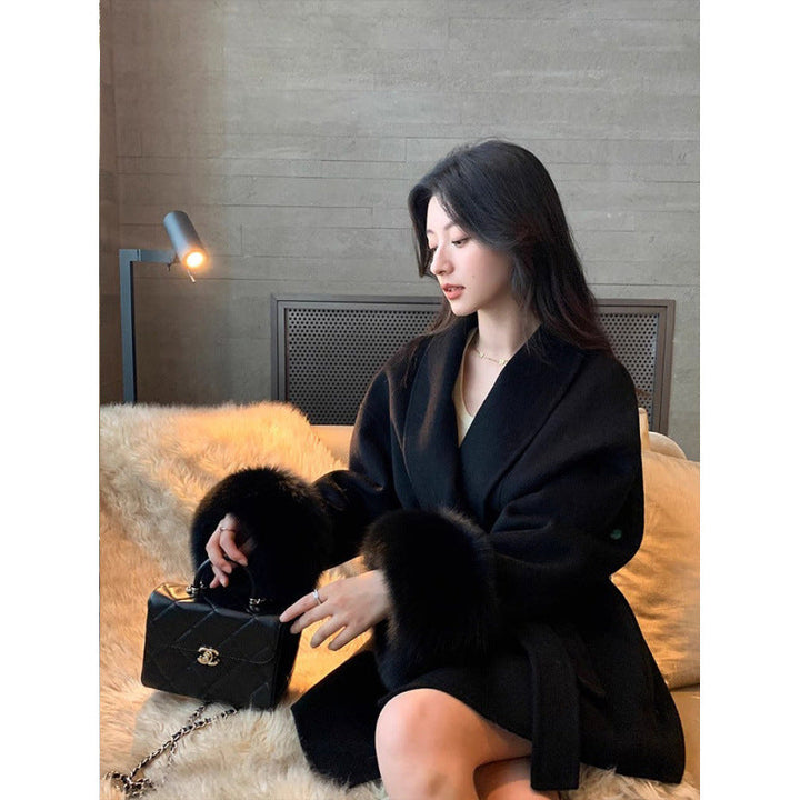 Warm Women’s Long Coat - Shawl Collar, Wool, For Winter