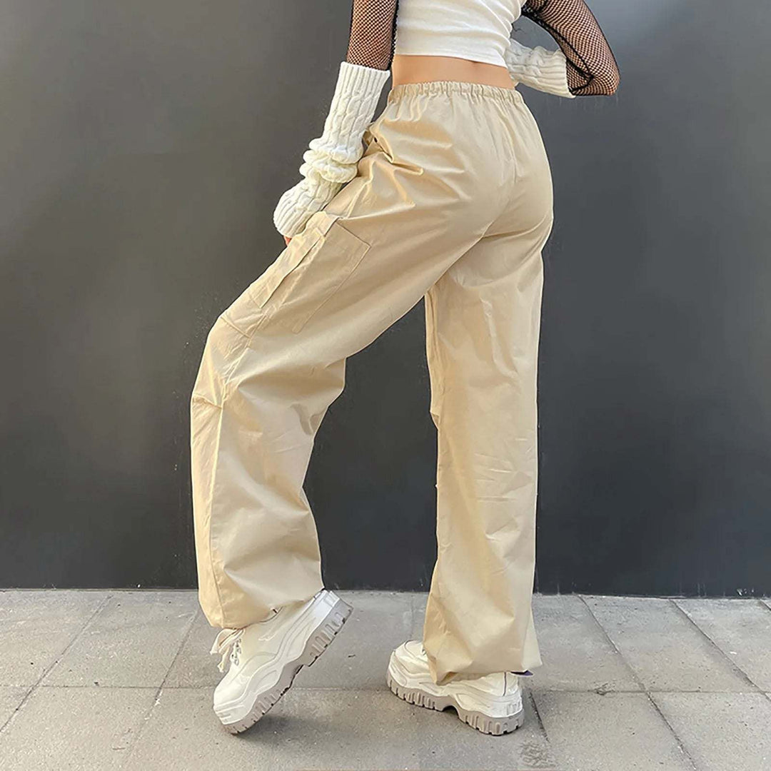 Beige Parachute Pants for Men with Adjustable Waist and Multiple Pockets, Lightweight Relaxed Fit