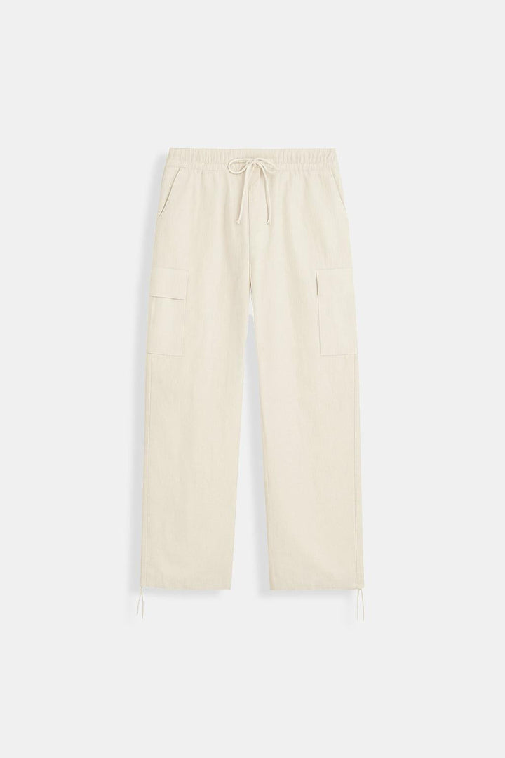 Beige Parachute Pants for Men with Adjustable Waist and Multiple Pockets, Lightweight Relaxed Fit