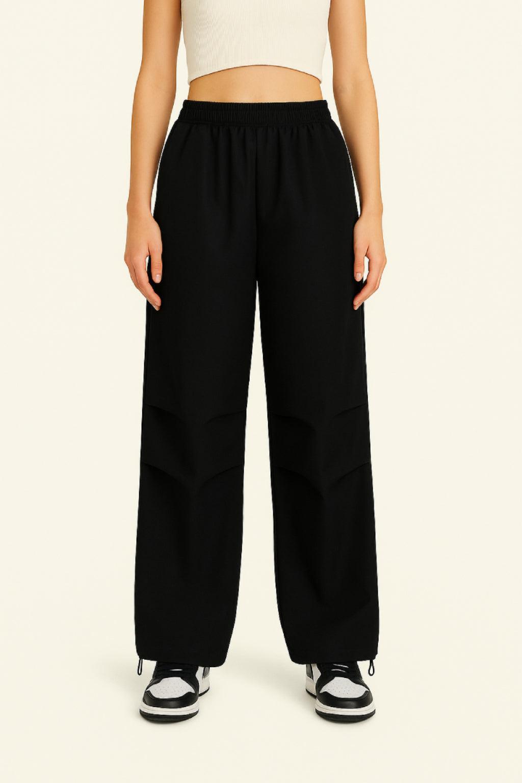 Black Parachute Pants with Adjustable Waist, Multiple Pockets, Lightweight Fabric for Casual and Urban Style