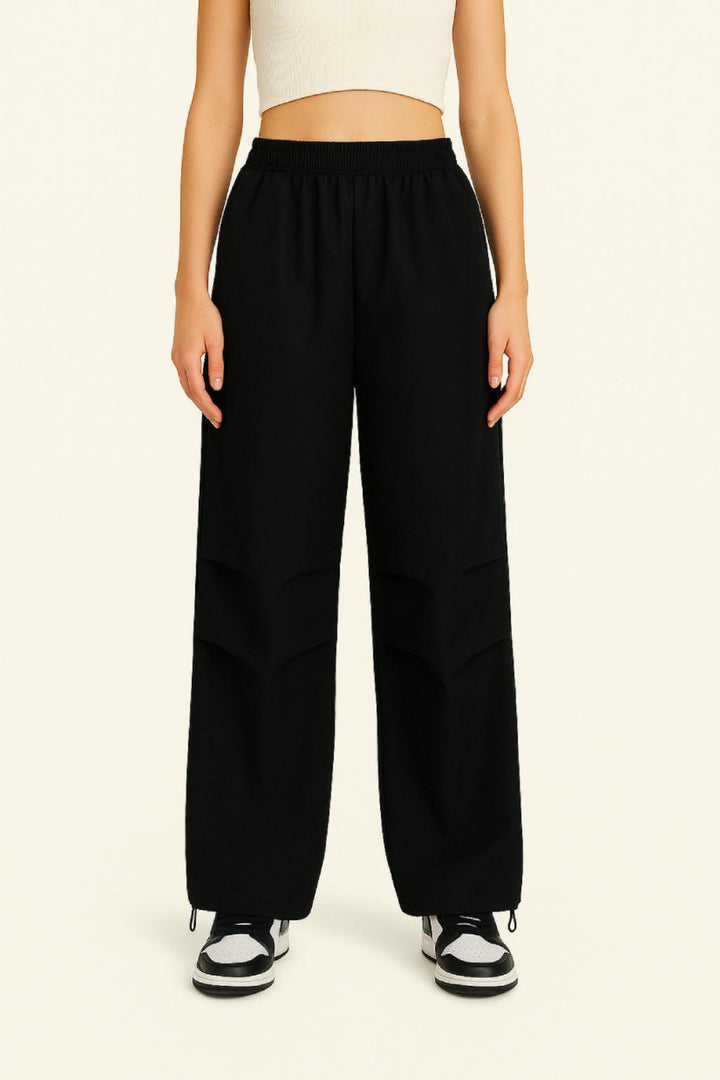 Black Parachute Pants with Adjustable Waist, Multiple Pockets, Lightweight Fabric for Casual and Urban Style