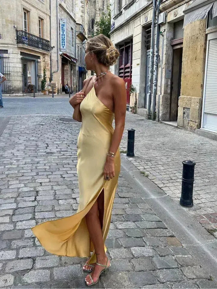 Layered Maxi Dress for Women with Crisscross Straps and Flowing Skirt in Vibrant Yellow for Summer Events