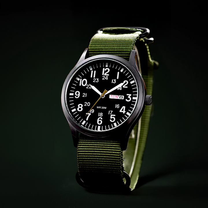 Durable Men’s Military-Style Watch – Waterproof, Scratch-Resistant, 42mm Dial – Green Black