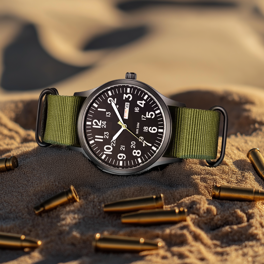 Durable Men’s Military-Style Watch – Waterproof, Scratch-Resistant, 42mm Dial – Green Black