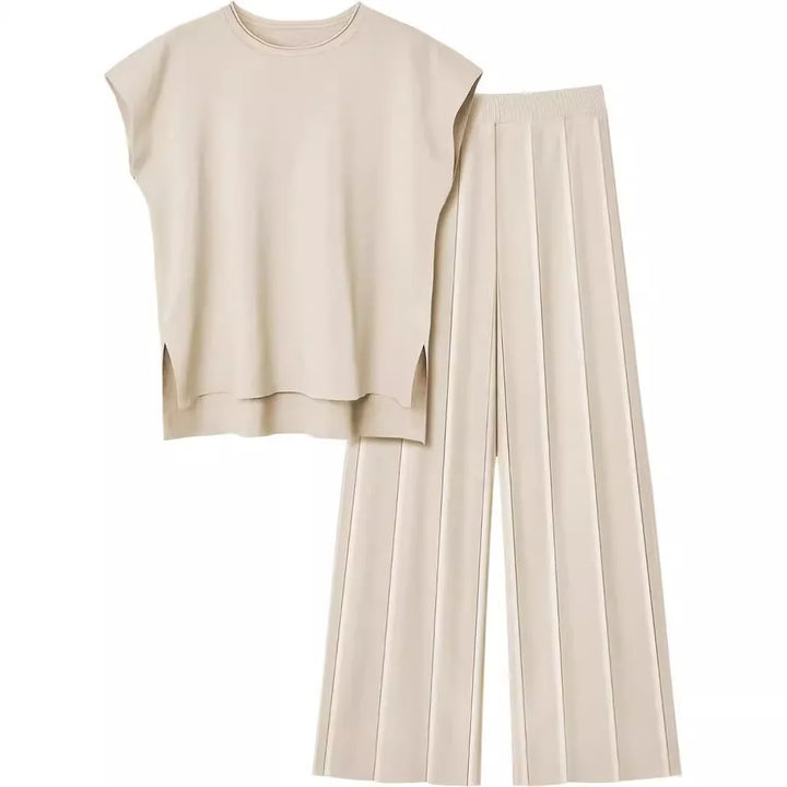 Soft Relaxed Women’s Two-Piece Pant Set – Sleeveless Round-Neck Knit Top, High-Waist Wide-Leg Pants For Summer