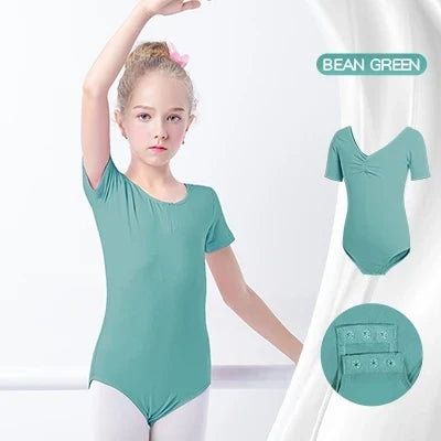 Soft girls ballet leotard - drawstring neckline, ruched front, cotton knit, for dance class