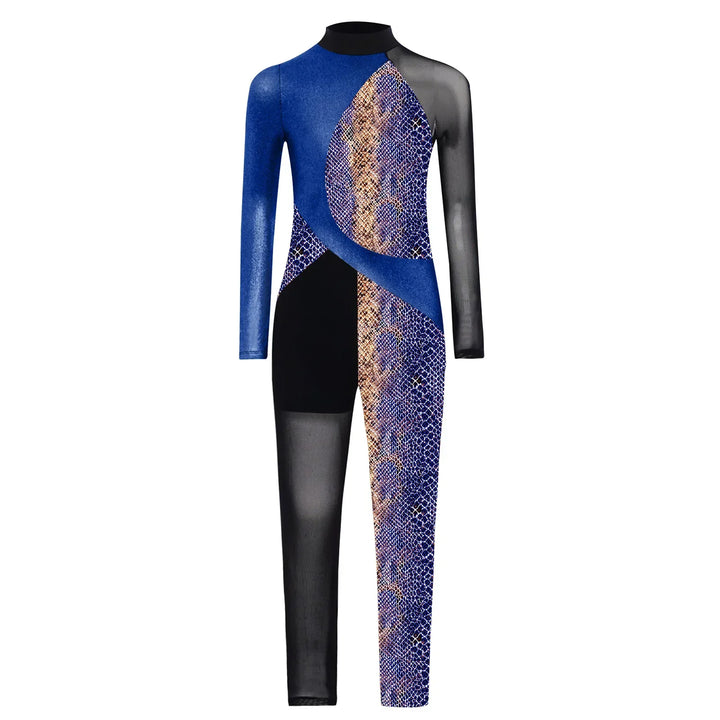 Stretchy Girls Unitard – Long Sleeve, Snakeskin, Polyester, Nylon, Elastane, For Ballet, Rhythmic Gymnastics