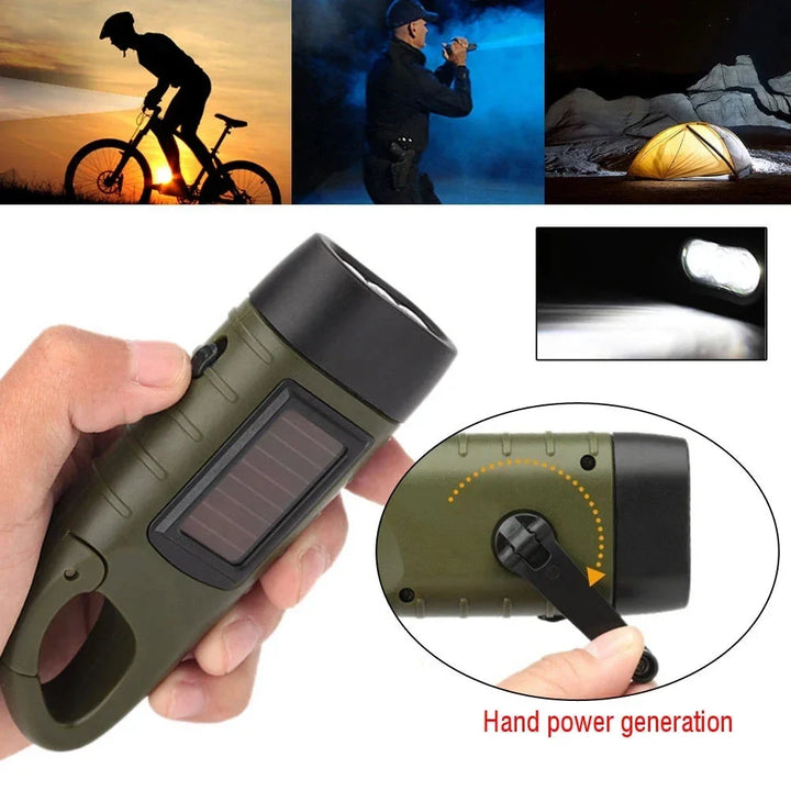 Portable LED Flashlight Tent Light Hand Crank Solar Torch - Outdoor Camping Hiking Emergency Lantern