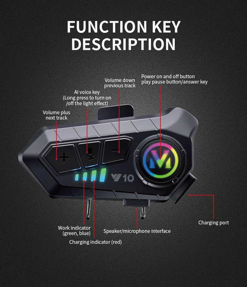 Bluetooth 5.3 Motorcycle Helmet Headset Y10 – Waterproof Hands-Free Call Music Speaker Universal Fit 2026