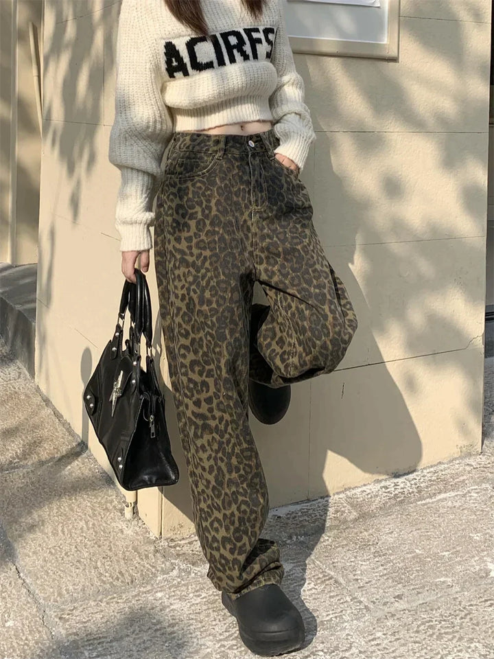 High-Waisted Leopard Print Wide Leg Jeans for Women, Trendy Fit in S-XXL Sizes