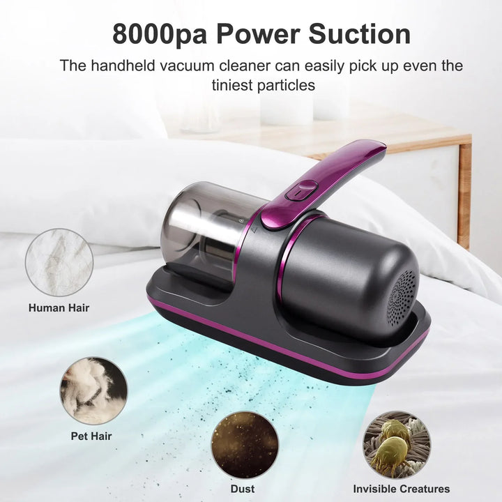 Compact Mattress Vacuum Cleaner 100W Cordless UV Bed Cleaner 8000Pa Strong Suction
