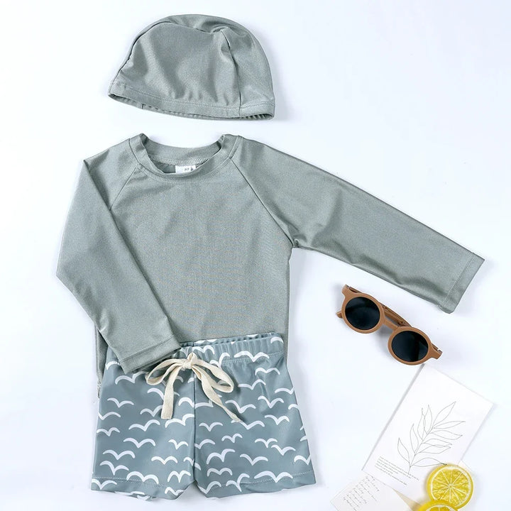 Breathable Kids Rash Guard Swim Set – Long-Sleeve Top, Swim Pants, Hat, Polyester Elastane, Beach Vacation