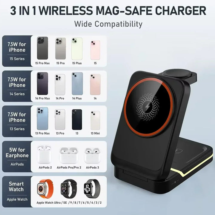 Foldable magnetic wireless charger – iPhone 12-16, Apple Watch, AirPods, USB-C, 15W 2026