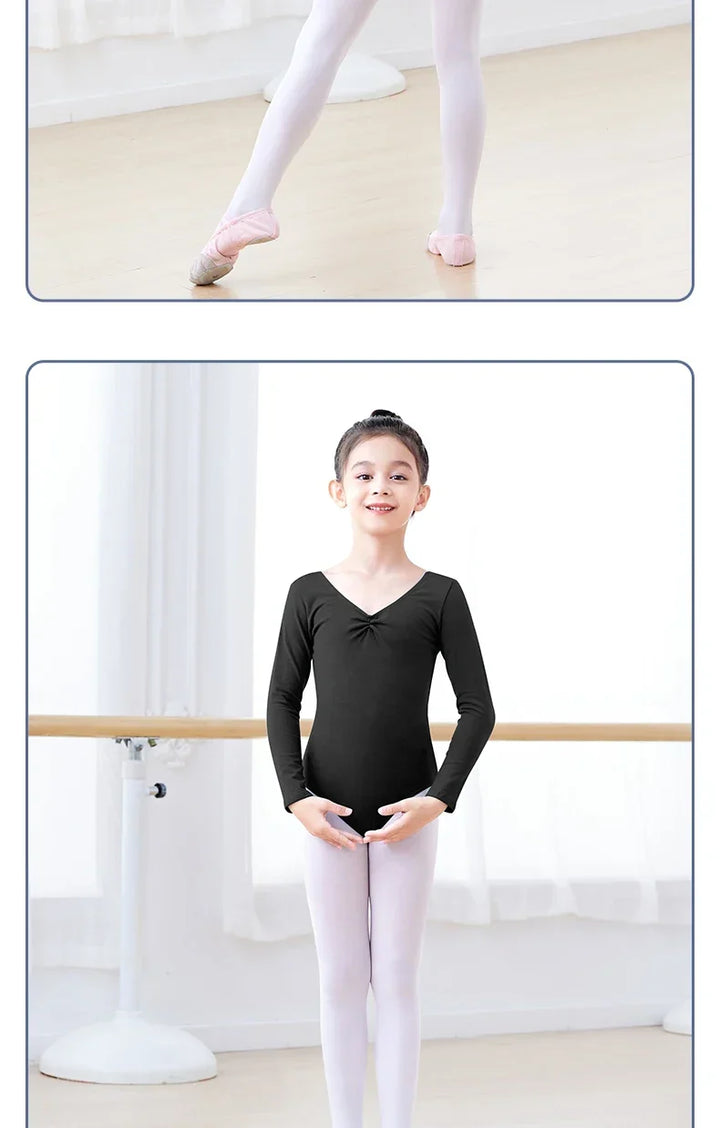 Soft Girls Ballet Leotard – Long Sleeve, Chest-Drawstring, Cotton, For Dance Class