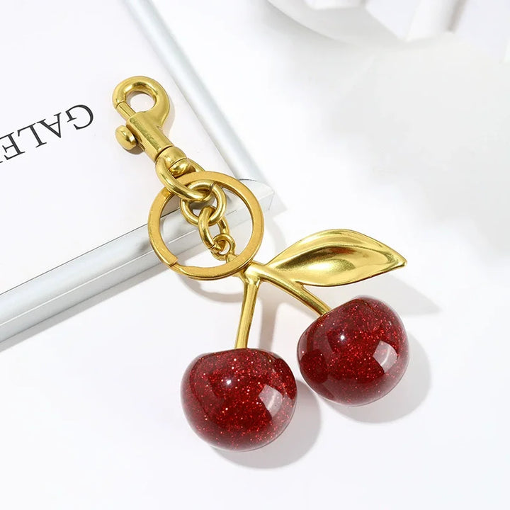 Red Cherry Keychain Bag Charm With Gold Leaf Lobster Clasp