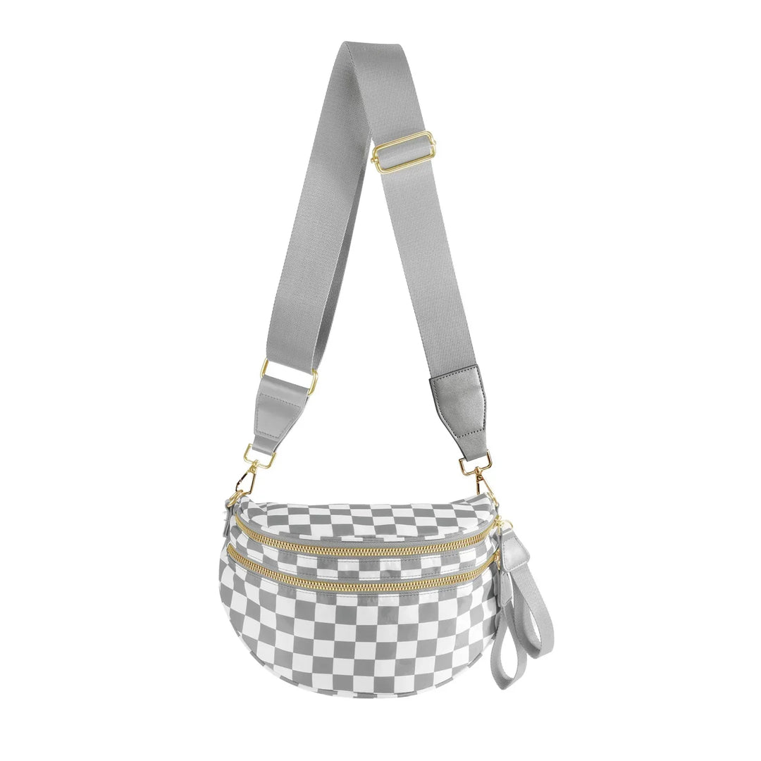 Versatile unisex crossbody bum bag – checkered nylon, box shape, travel and daily use