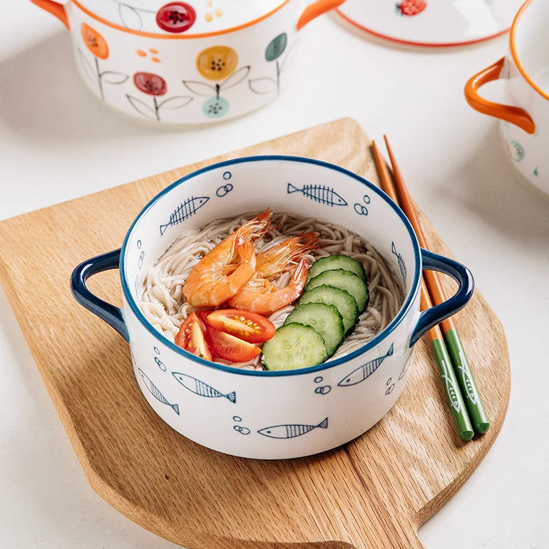 Ceramic 1000ml Covered Noodle Bowl Microwave Safe With Lid