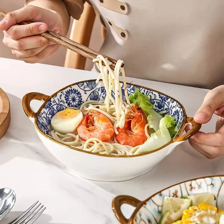 7.5 Inch Japanese Ceramic Noodle Bowl With Handles Blue