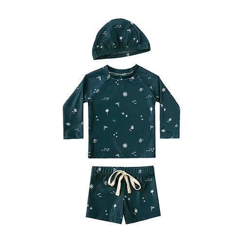 Quick-dry Unisex Baby Swimwear 2-Piece Set – Long-Sleeve Rash Guard Top, Shorts, Polyester, Summer Beachwear