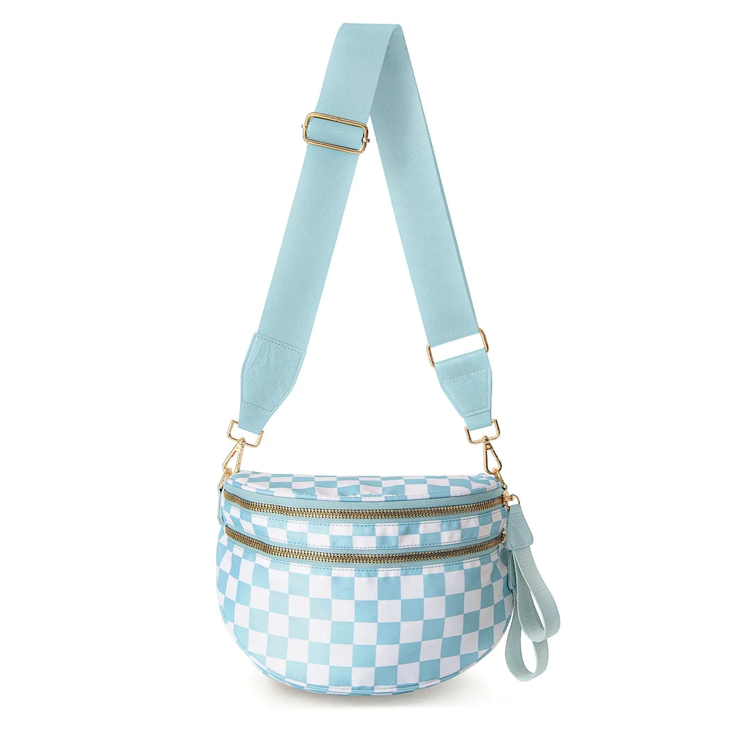 Versatile unisex crossbody bum bag – checkered nylon, box shape, travel and daily use