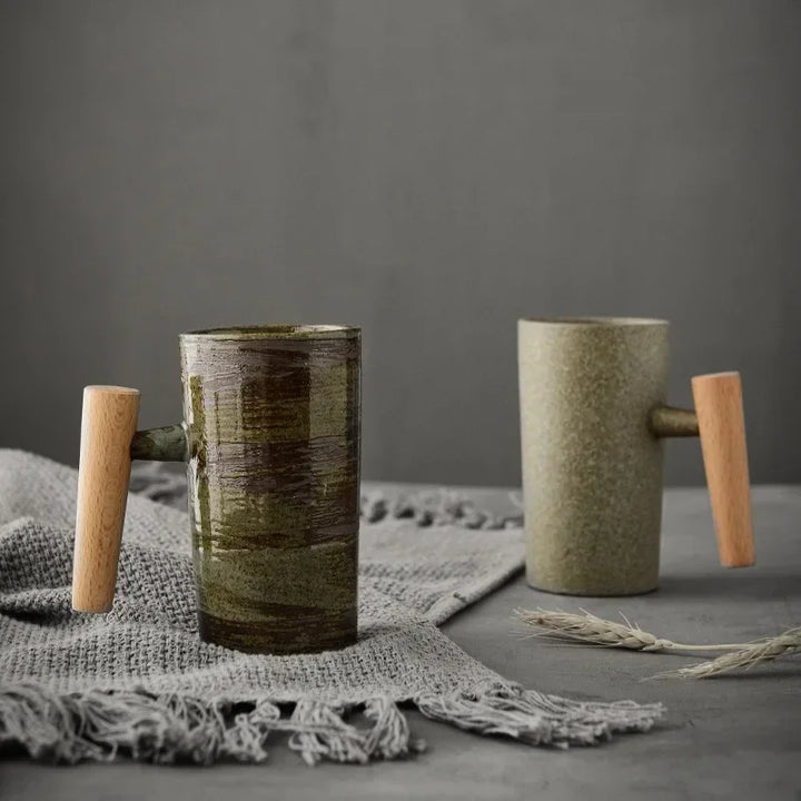 Japanese Style Stoneware Coffee Cup - Handmade Mug with Wooden Handle for Couples