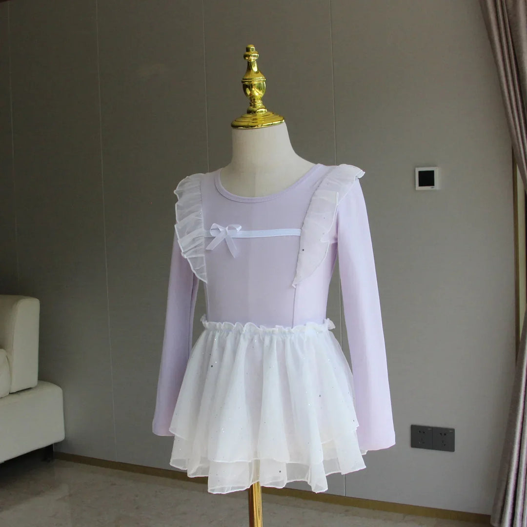 Lightweight girls ballet leotard set - puff-sleeve top, tulle tutu skirt, polyester, for dance class