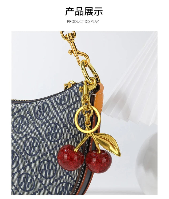 Red Cherry Keychain Bag Charm With Gold Leaf Lobster Clasp