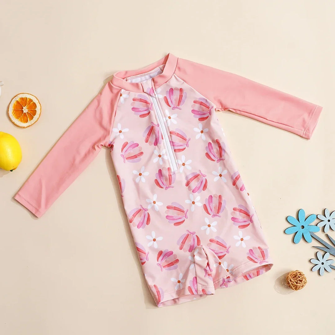 Soft Unisex Baby One-Piece Swimsuit - Zip-Front, Long-Sleeve, Print Pattern, Polyester, Summer Beachwear